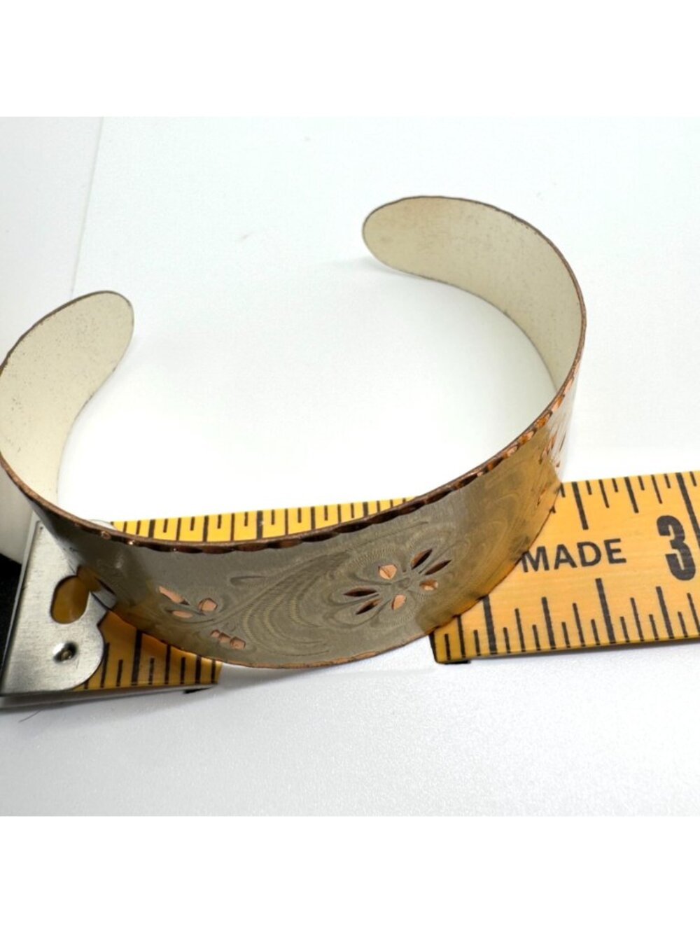 Brass Etched Cuff Bracelet Floral Design Copper 6.5" Circumference Adjustable - Picture 3 of 9